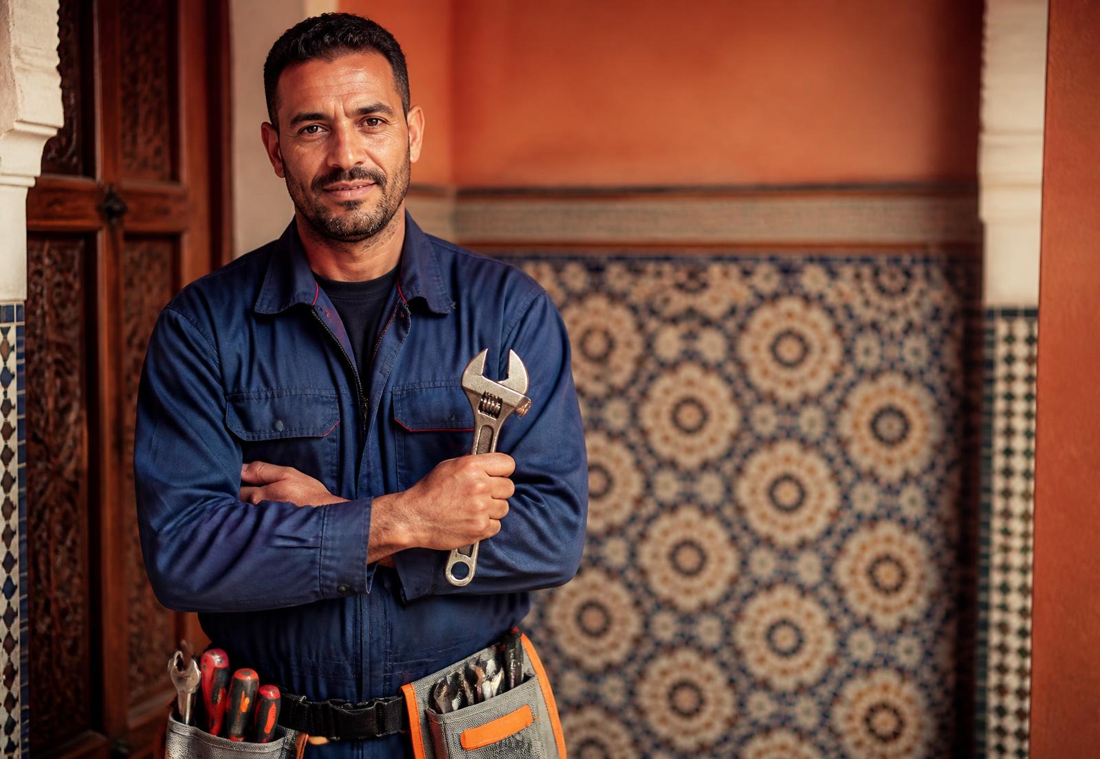 Artisan marocain avec ses outils devant un mur en zellige